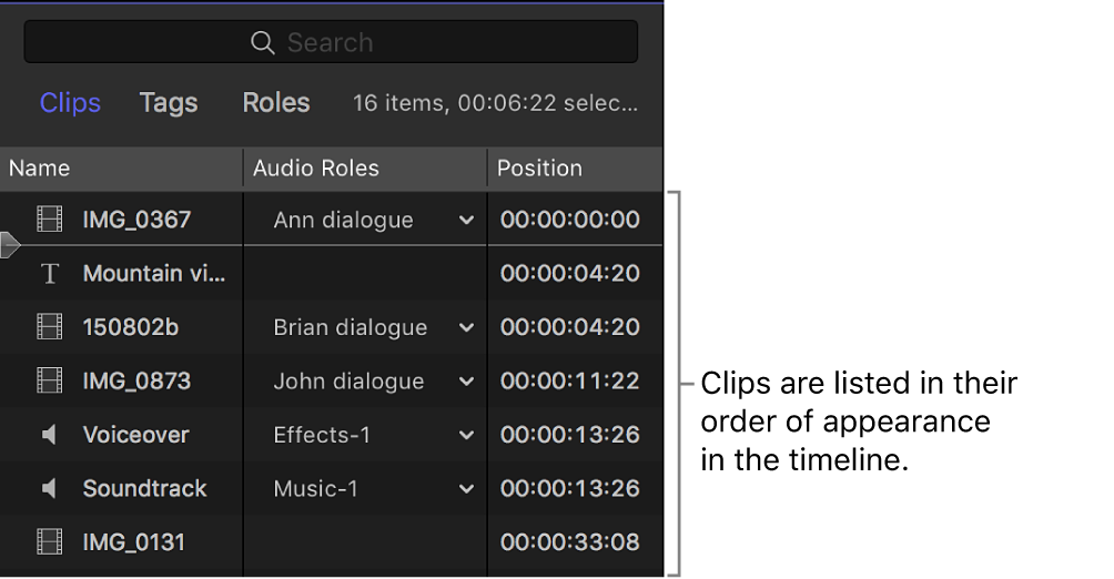 Clips listed in the timeline index