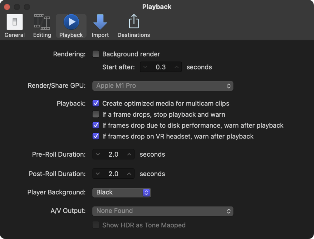 The Playback pane of the Final Cut Pro Settings window