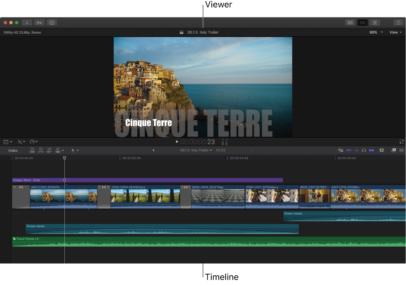 The Final Cut Pro window with just the viewer and the timeline showing