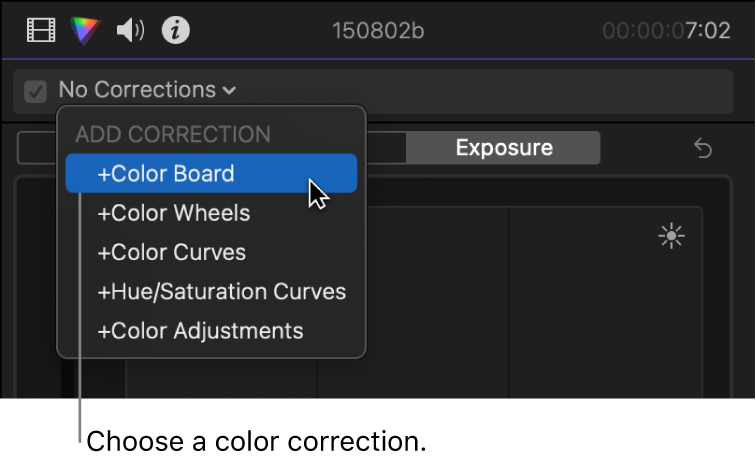 Color Board being chosen from the Add Correction section of the pop-up menu at the top of the Color inspector