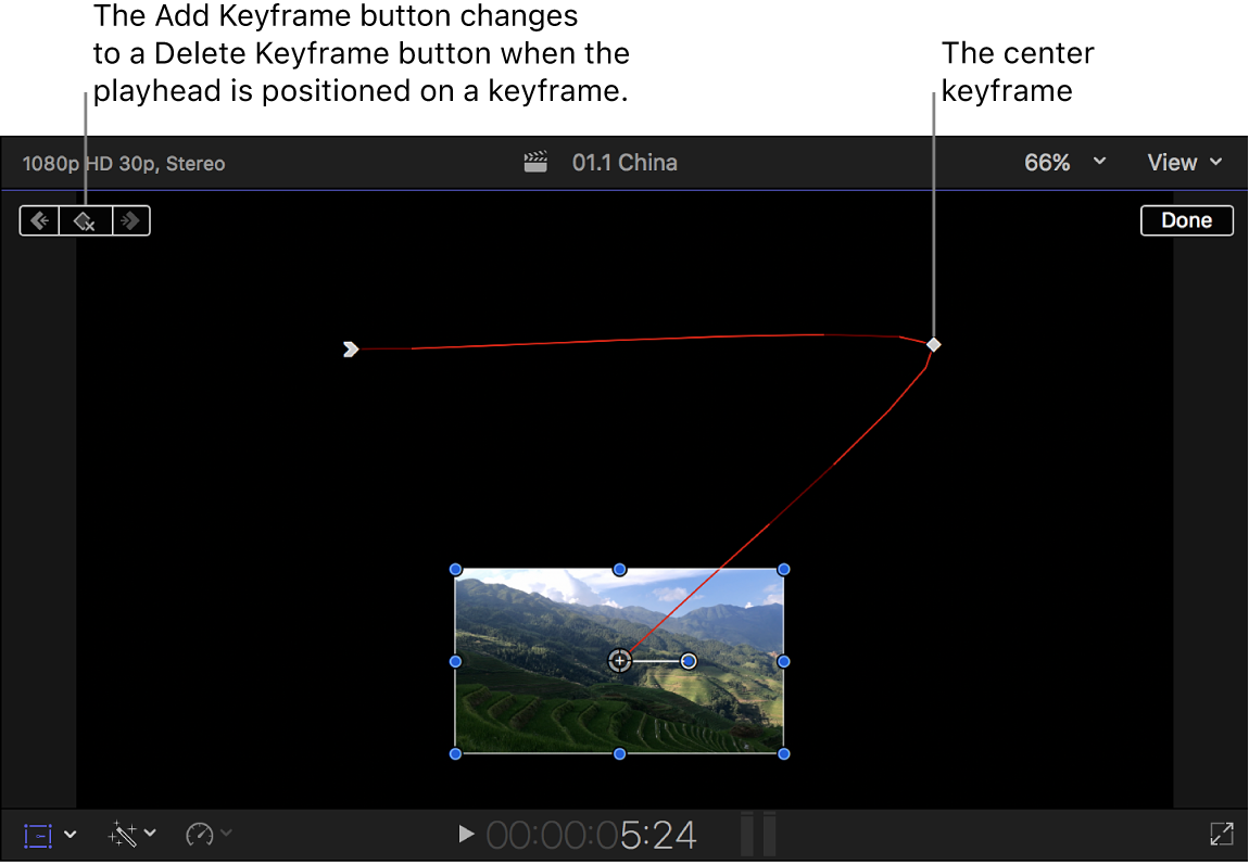 The viewer showing the Transform effect, with three keyframes set and a red line between keyframes indicating the image path