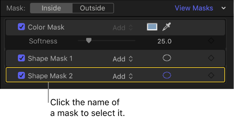 The mask section of the Color inspector showing a selected Shape Mask item