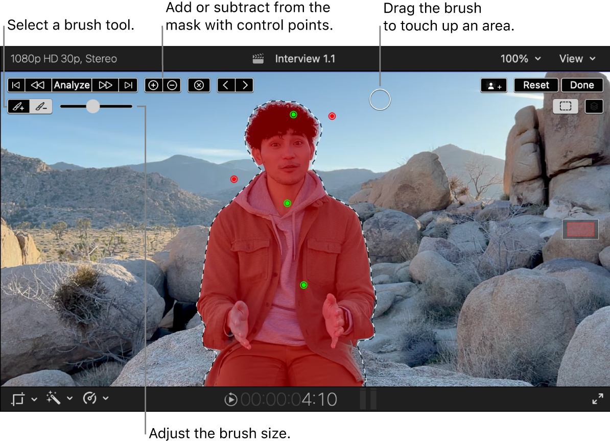 The viewer showing a Magnetic Mask applied to a person in the foreground and green and red control points for adding and removing mask areas. At the top left are buttons for selecting a brush tool and a slider for adjusting the brush size. The Remove brush is selected.