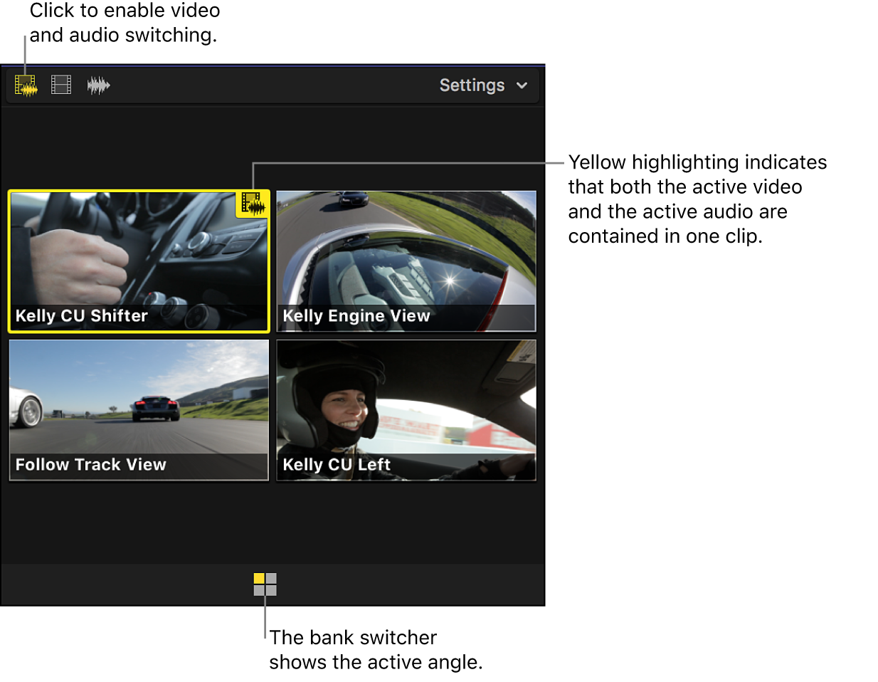 The angle viewer shown with video and audio switching enabled