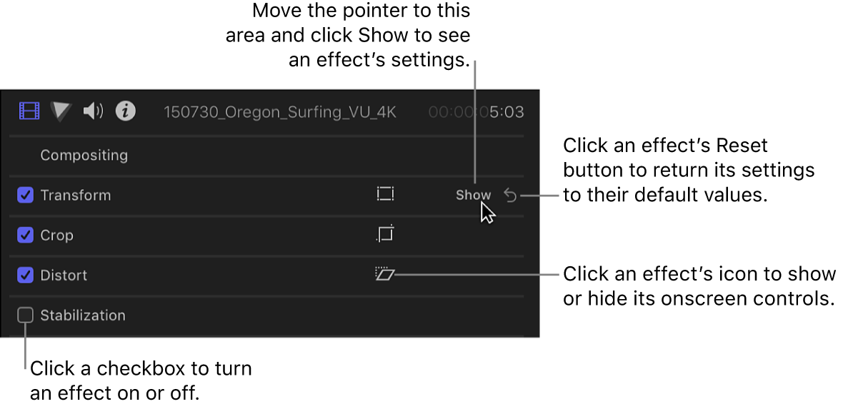 The Video inspector showing the effect controls