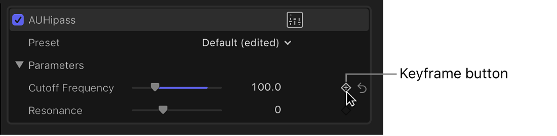 The Keyframe button for an effect in the Audio inspector
