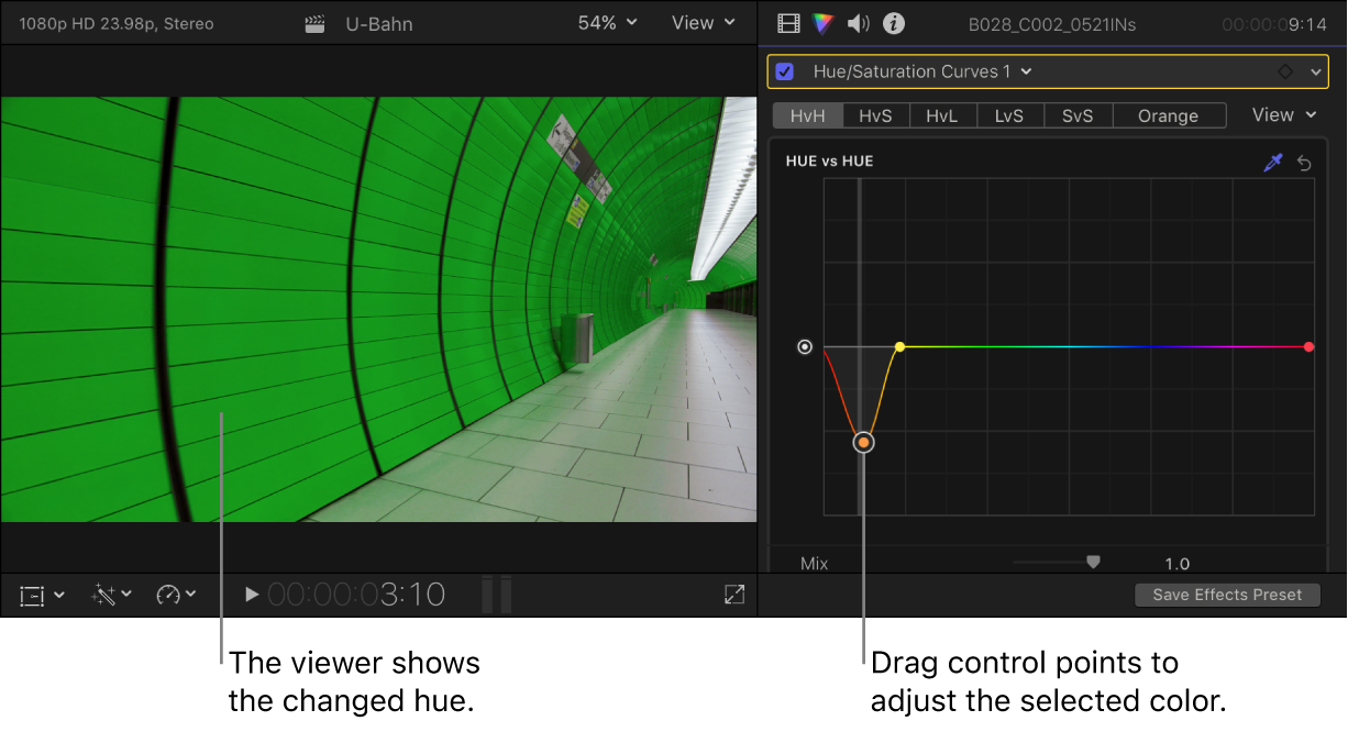 The viewer on the left showing the changed hue, and the Color inspector on the right showing control points on the Hue vs Hue curve