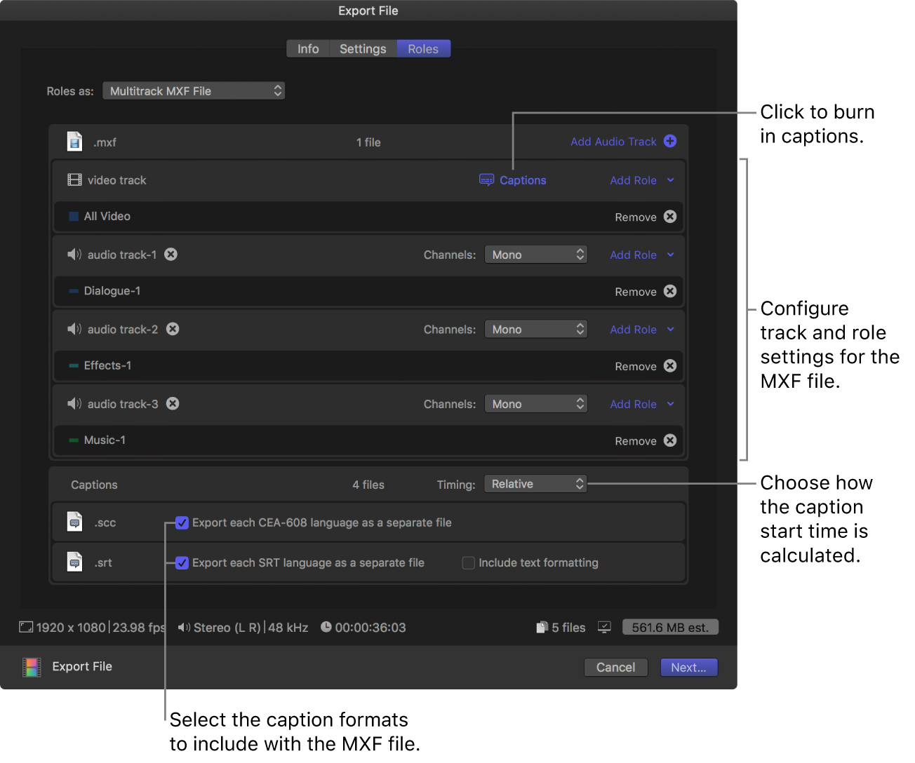 The Roles pane of the Share window for the Export File destination