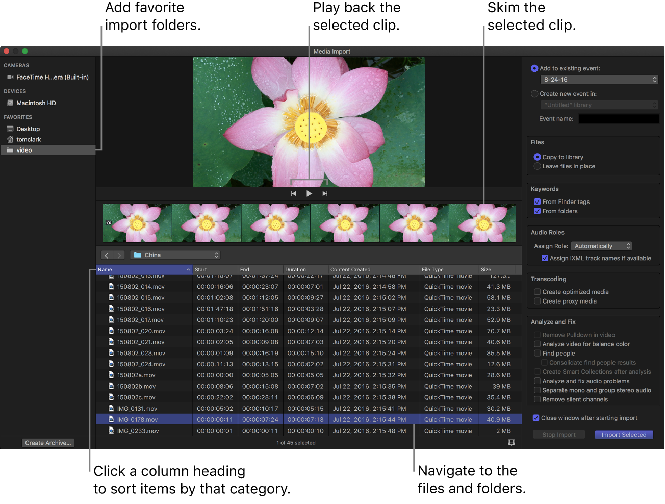 The Media Import window displaying media in the selected folder