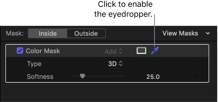 The Color Mask section of the inspector, with the eyedropper shown in blue, indicating that it’s active