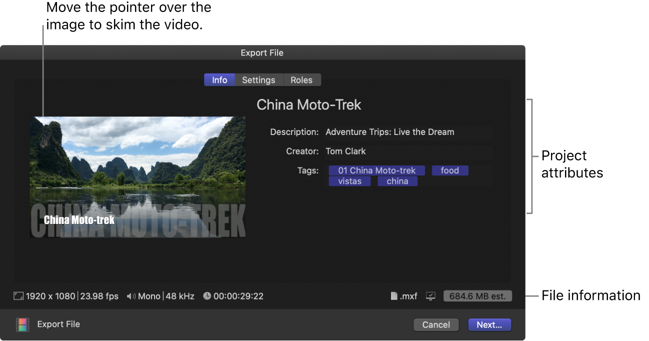 The Info pane of the Share window for the Export File destination