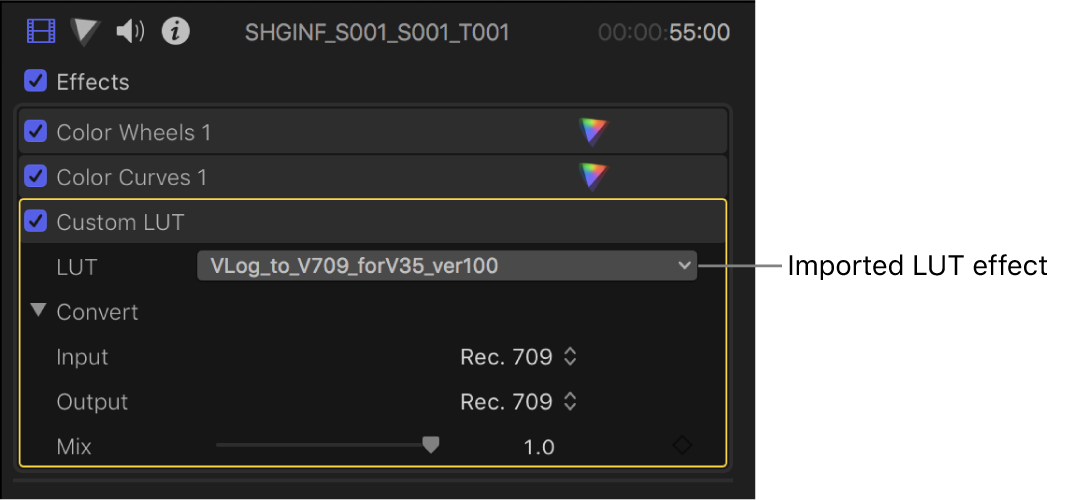 The Custom LUT section of the Video inspector, with the LUT pop-up menu showing an imported LUT effect