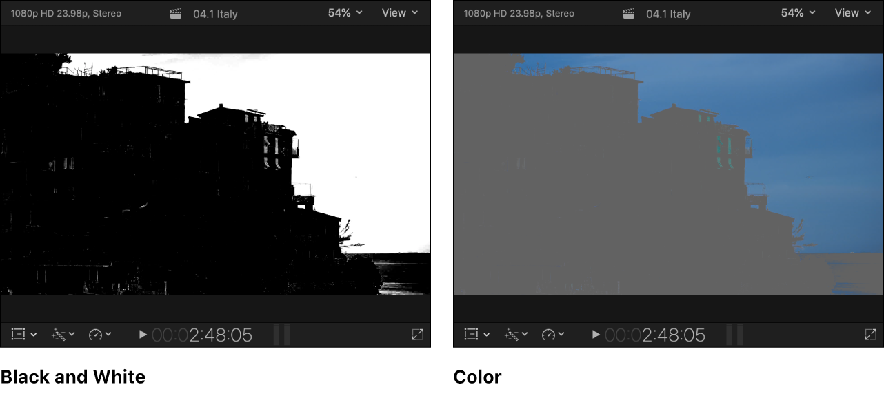 Side-by-side shots of the viewer showing the black-and-white alpha channel image on the left and visible areas of the masked image in color on the right