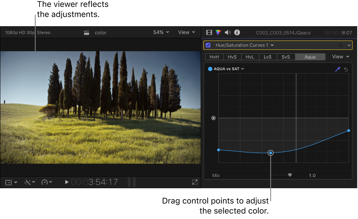 The viewer on the left showing the saturation change, and the Color inspector on the right showing adjusted control points on the Aqua vs Sat curve