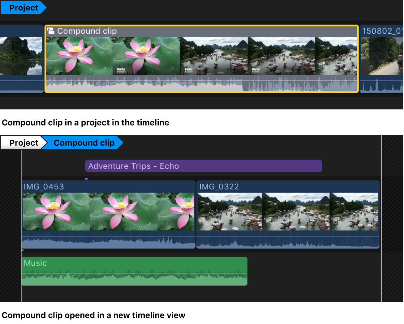 A compound clip before and after being opened in a new instance of the timeline