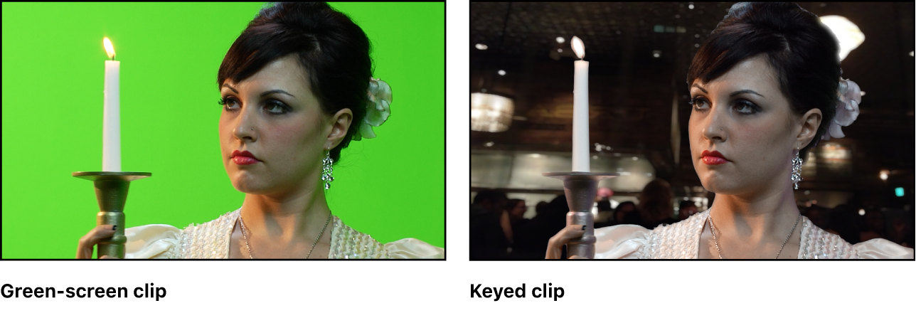 The viewer showing a green-screen clip before and after it’s composited over a background image