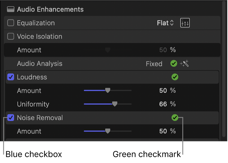 The Audio Enhancements section of the Audio inspector, showing a blue checkbox next to Loudness and Noise Removal and green checkmarks to the right of Audio Analysis, Loudness, and Noise Removal