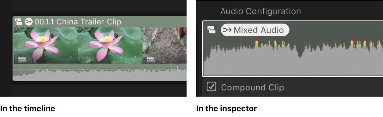 El mismo clip en la línea de tiempo y el inspector de audio con el icono de “Audio mezclado”