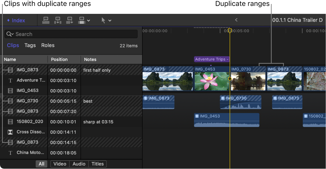 El índice de la línea de tiempo y la línea de tiempo con clips con rangos duplicados indicados con líneas diagonales