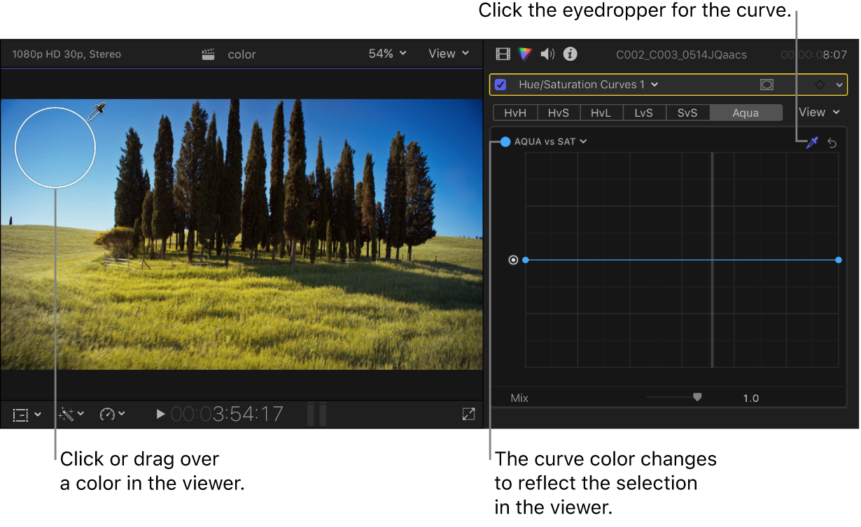 El cuentagotas colocado sobre un color en el visor, y el inspector de color con la curva modificada con el color seleccionado