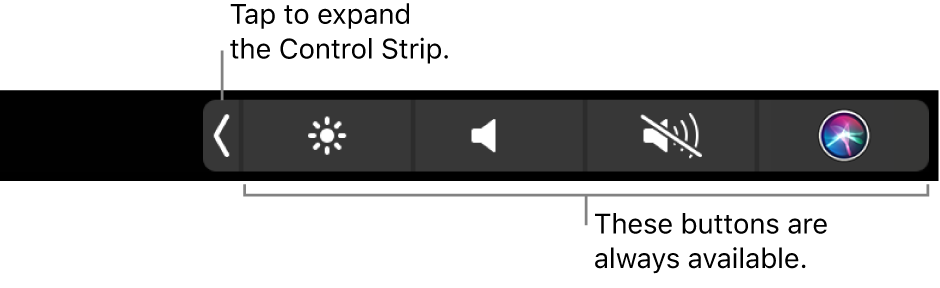 Los botones por omisión de la Control Strip a la derecha de la Touch Bar