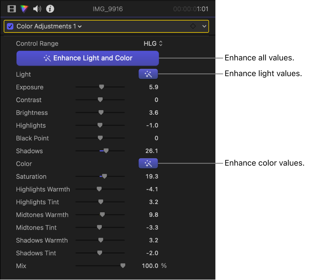 El efecto “Ajustes de color” con los controles de “Mejorar la luz y el color” activados