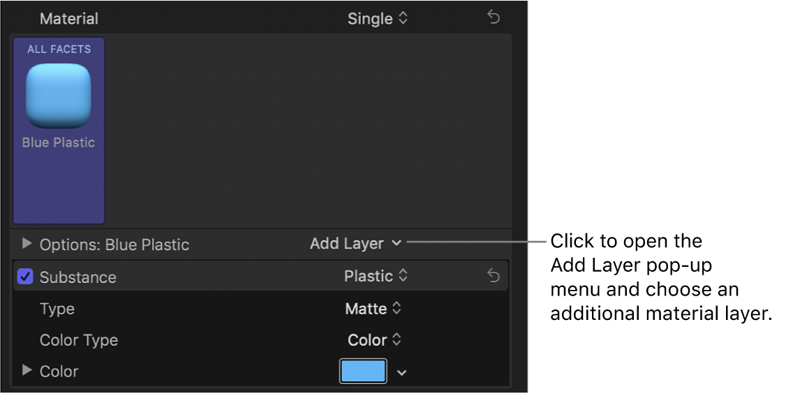 El menú desplegable “Añadir capa” en la sección Material del inspector de texto, con “Plástico azul” seleccionado