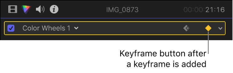 El botón “Fotograma clave” del efecto de ruedas de color activado en el inspector de color