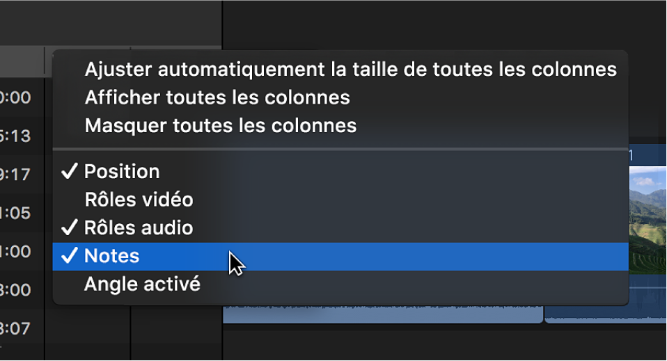 Ajout de la colonne Notes à l’index de la timeline à l’aide d’un menu contextuel