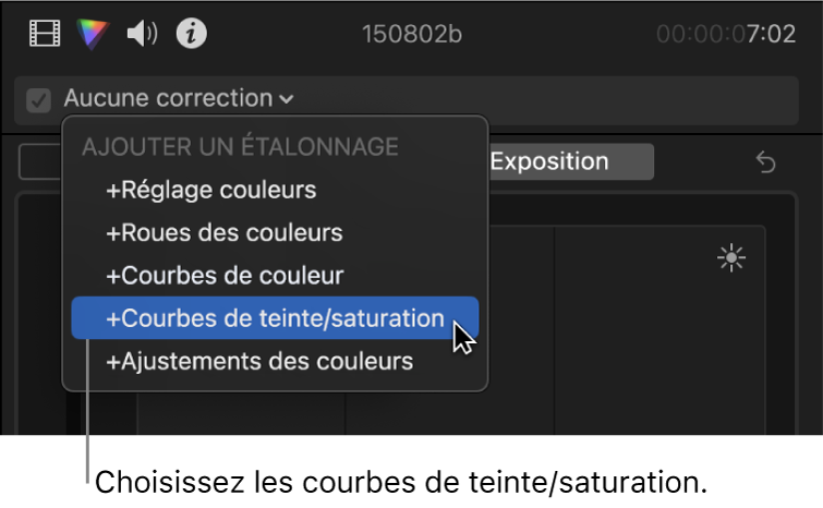 Courbes de teinte/saturation choisies dans la section Ajouter une correction du menu local situé en haut de l’inspecteur de couleur