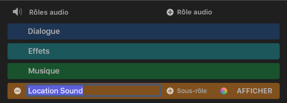 Éditeur de rôle avec un nom de rôle sélectionné