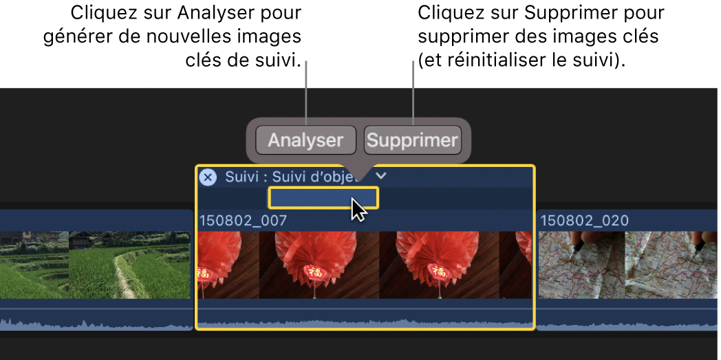 Images clés sélectionnées dans l’éditeur de suivi avec un bouton Analyser et un bouton Supprimer apparaissant au-dessus de la sélection