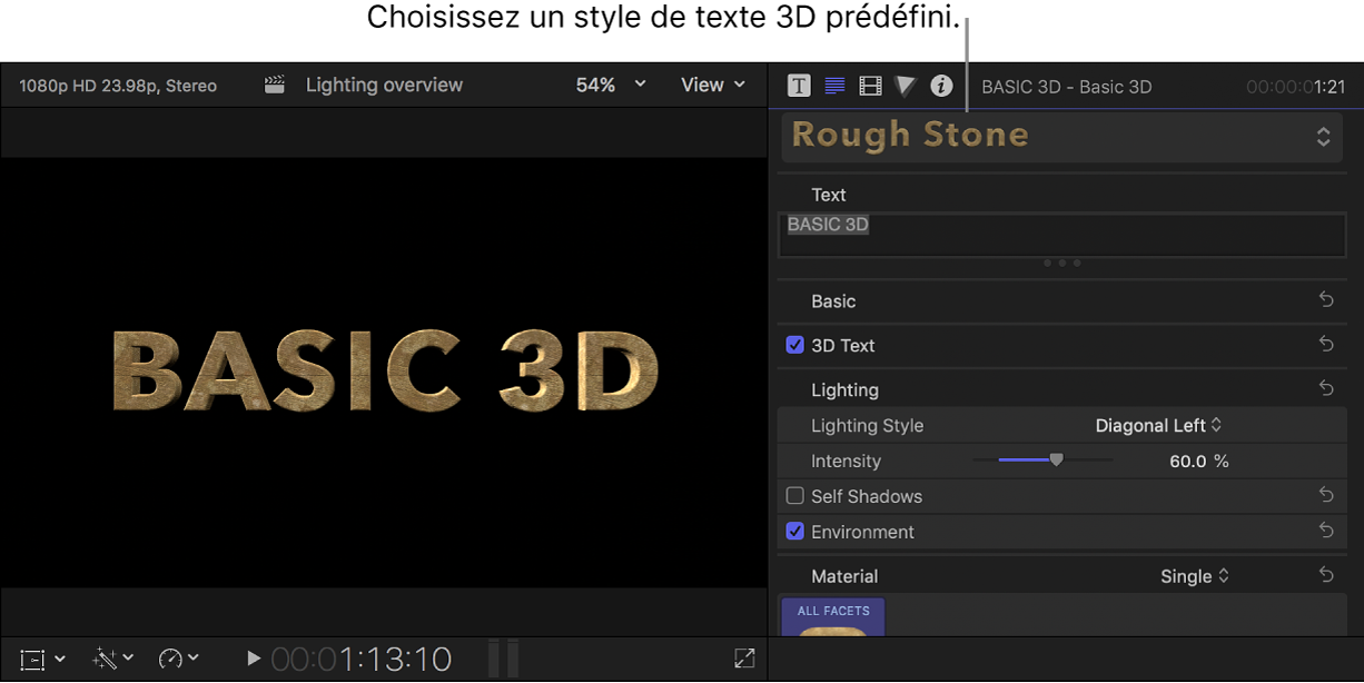 Titre 3D dans le visualiseur avec style de texte prédéfini Pierre brute et réglages correspondants dans l’inspecteur de texte