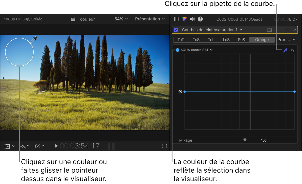 Pipette placée sur une couleur dans le visualiseur et inspecteur de couleur affichant la courbe qui reflète la couleur sélectionnée