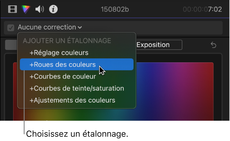 Section Ajouter une correction du menu local situé en haut de l’inspecteur de couleur affichant les effets d’étalonnage