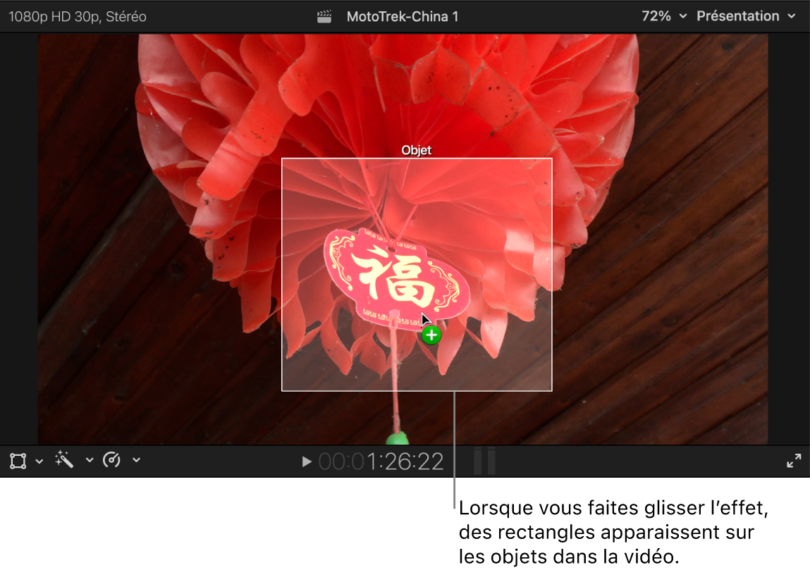 Effet glissé sur le visualiseur et rectangle blanc apparaissant par-dessus un objet dans la vidéo