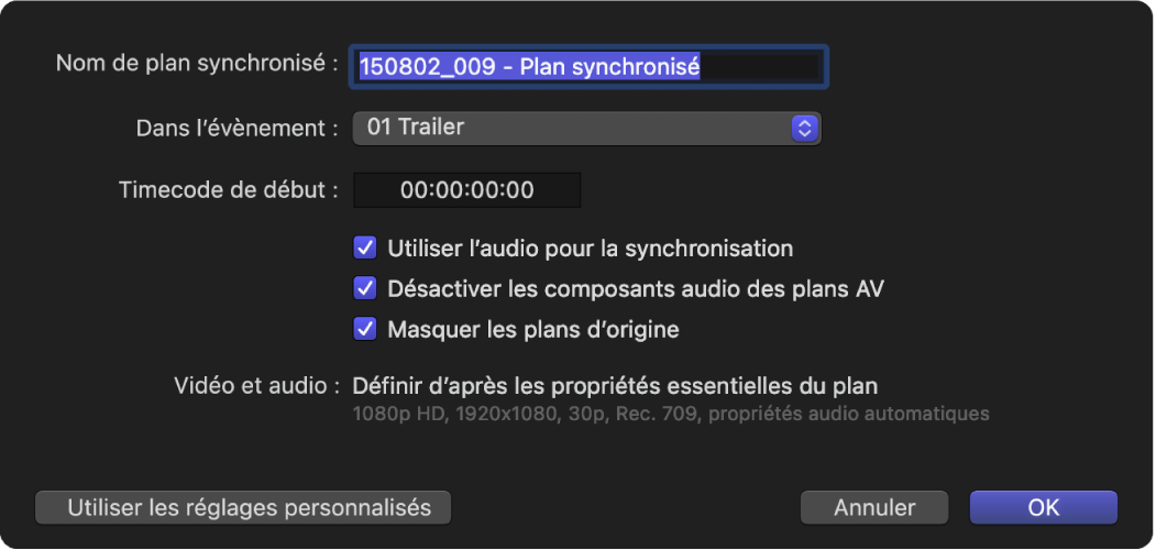 Réglages automatiques de synchronisation des plans