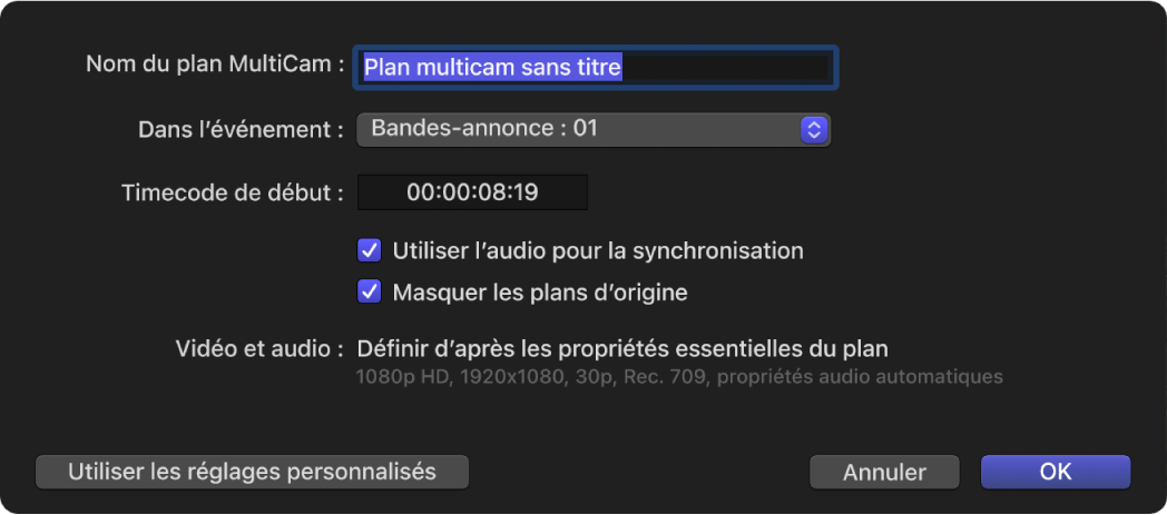 Réglages multicam automatiques