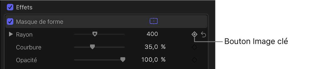 Commandes Masque de forme dans la section Effets de l’inspecteur vidéo, avec un bouton Image clé affiché à droite du curseur Rayon