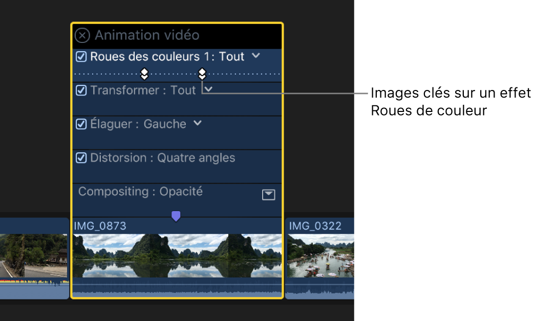 Éditeur d’animation vidéo avec des images clés sur un effet d’étalonnage