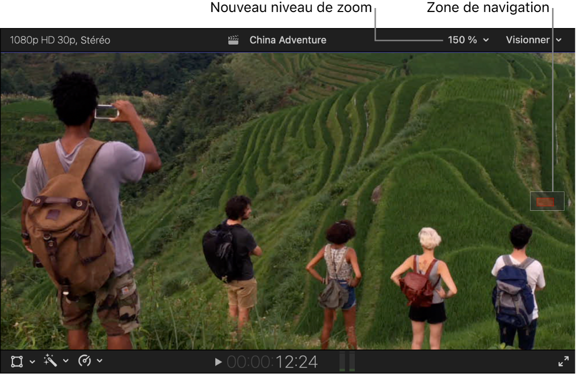 Le niveau de zoom est défini sur 150 % et la zone de navigation affichant la partie de l’image qui est visible dans le visualiseur