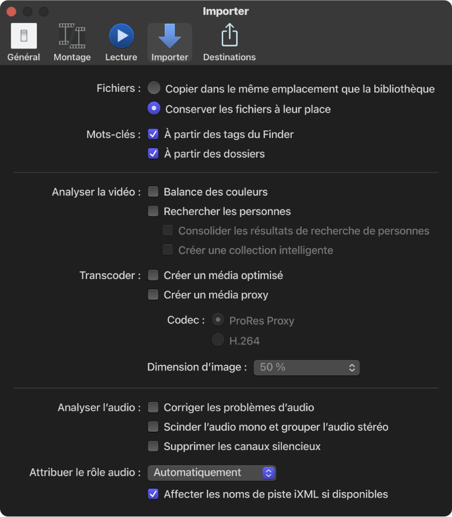 Sous-fenêtre Importation de la fenêtre Réglages de Final Cut Pro