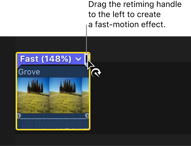 タイムラインでクリップの上に表示されたリタイミングエディタのリタイミングハンドルを左にドラッグ中。ファストモーションが作成され、選択範囲の上にあるバーが青色で表示されている