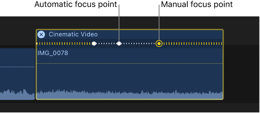 자동 초점(흰색 점) 및 수동 초점(주변에 링이 있는 노란색 점)을 표시하는 시네마틱 편집기