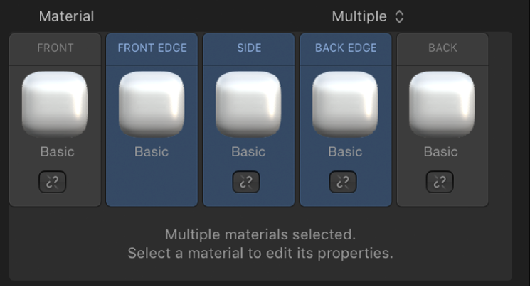 3D-Textinformationsfenster mit der Option „Material“, die auf „Mehrfach“ eingestellt ist, und Steuerelementen zum Verknüpfen