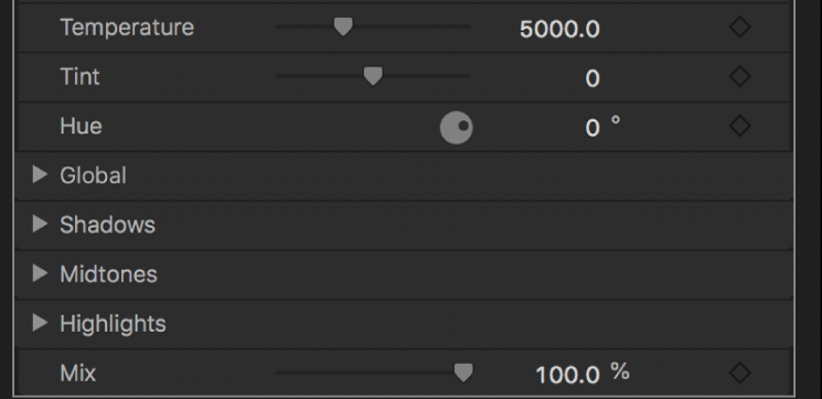 Steuerelemente für Farbräder im Informationsfenster „Filter“