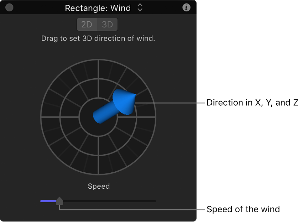 Schwebepalette mit speziellen Steuerelementen für das Verhalten „Wind“ im 3D-Modus