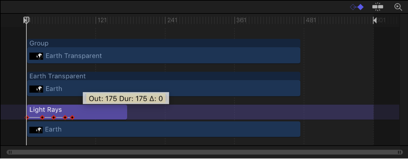 Timeline mit Keyframes, der Position sich nicht ändert, wenn die Ebene getrimmt wird