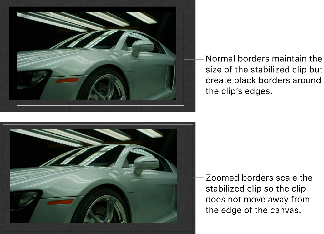 Canvas mit dem auf einen Clip angewendeten Verhalten „Stabilisieren“ und der auf „Normal“ eingestellten Option „Rahmen“ und mit einem auf einen Clip angewendeten Verhalten „Stabilisieren“ und der auf „Zoom“ eingestellten Option „Rahmen“