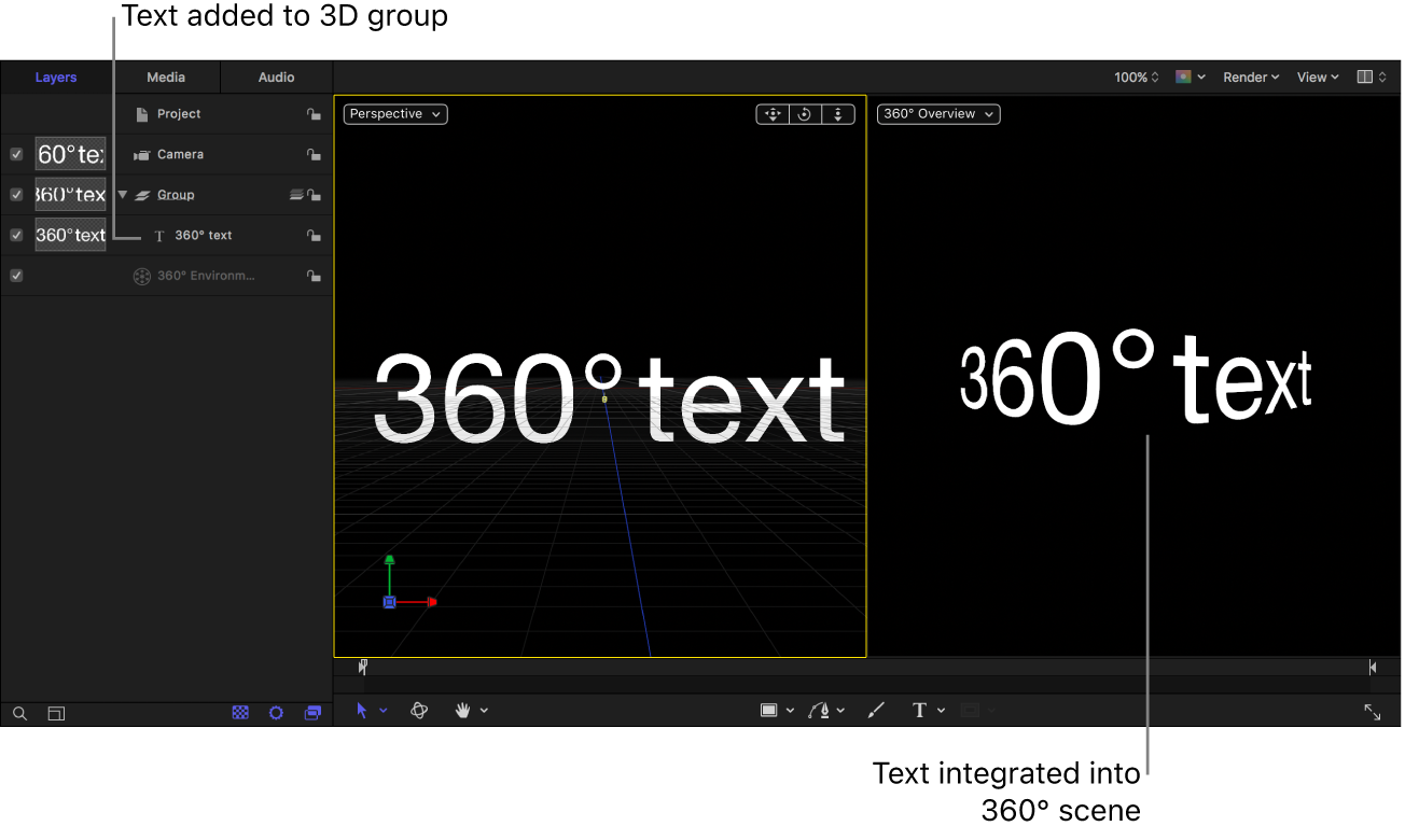 Text added to Group object in 360° project